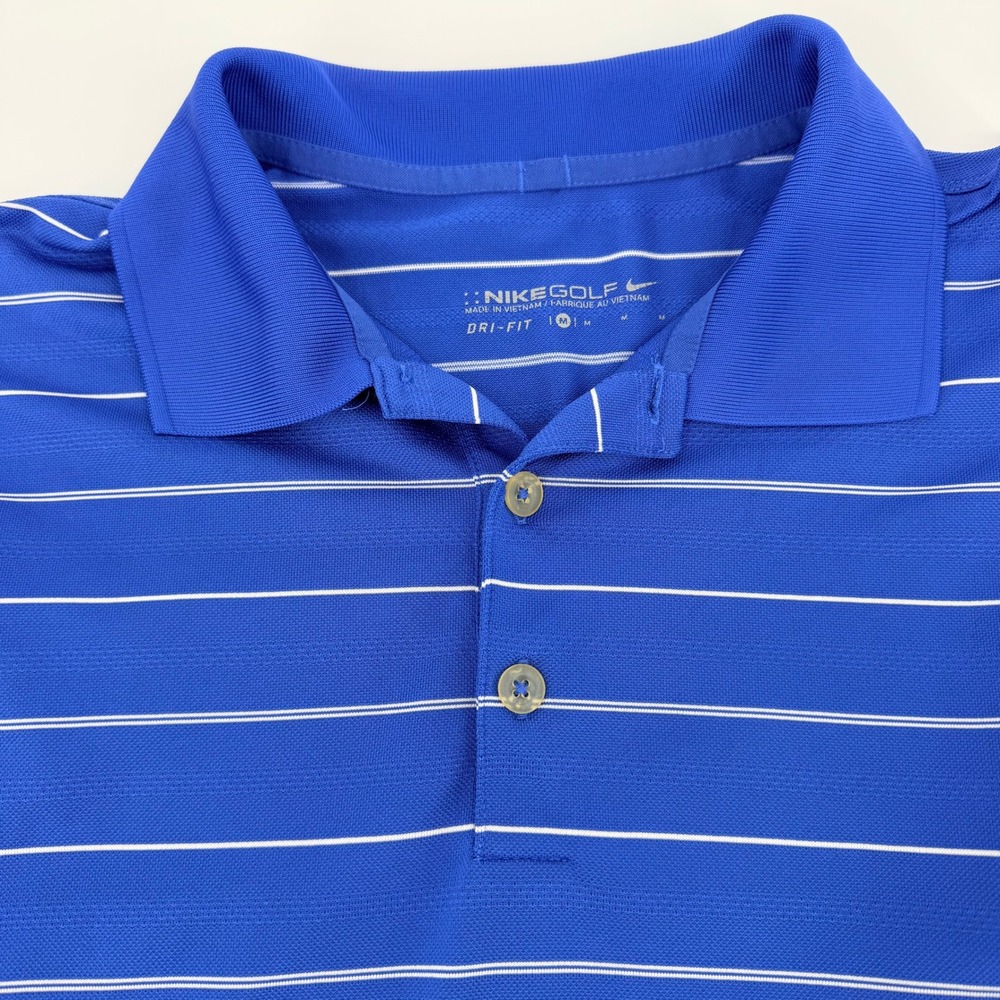 Nike Golf Polo Shirt Mens Medium Blue White Excellent Dri-Fit Striped‎ SS